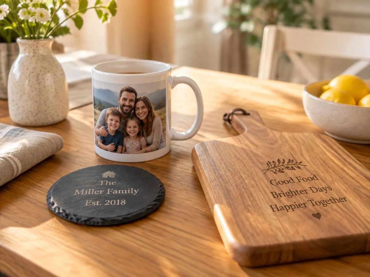 Personalisierte Tasse und gravierte Schiefertafel als Geschenk